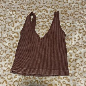 Brown Ribbed V-Neck Women's Top